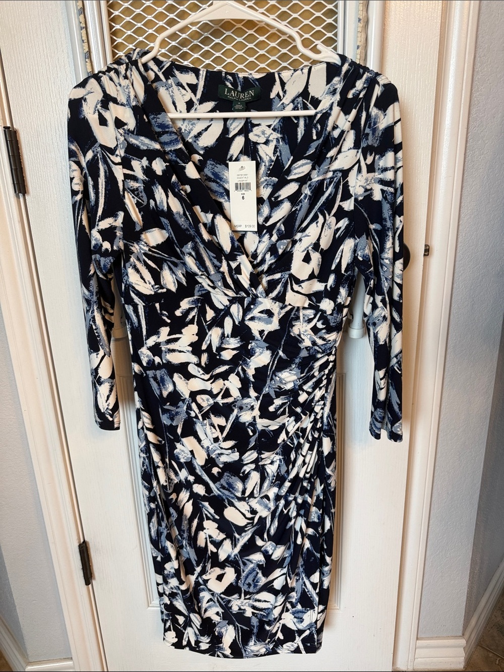 Lauren Ralph Lauren Navy and White Floral-Brush Print Faux-Wrap Dress
